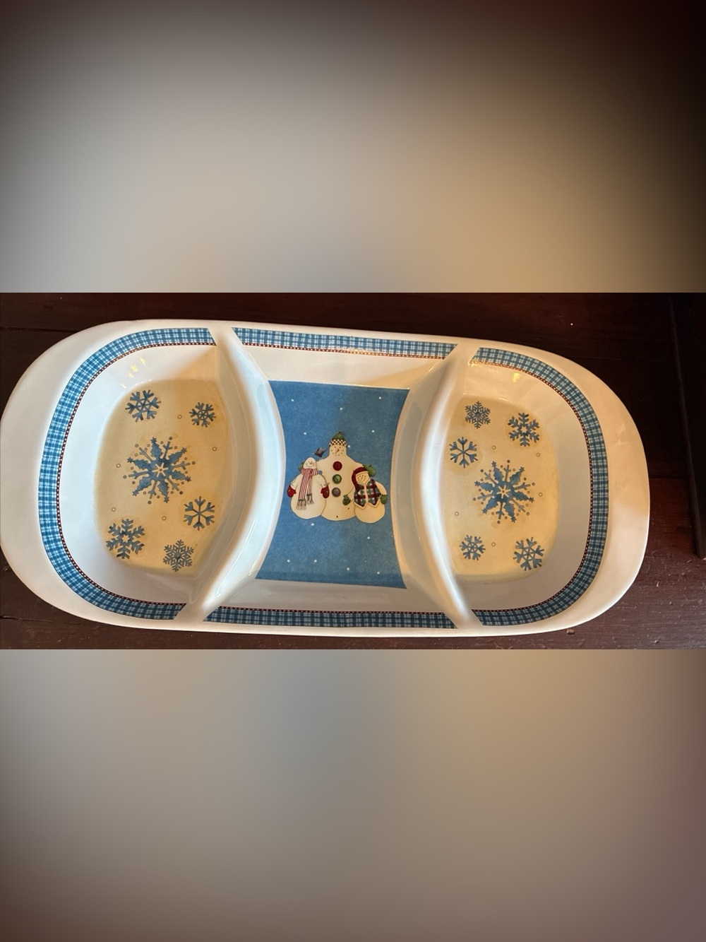Sakura Holiday Snowman Ceramic Divided Serving Tray - Blue & White